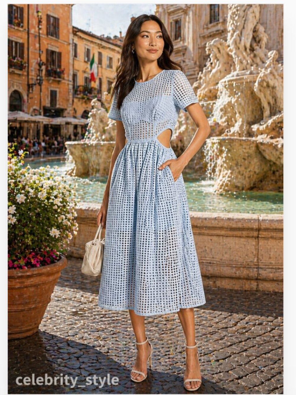 Self-Portrait Powder Blue Eyelet Dress with Cutout Detail